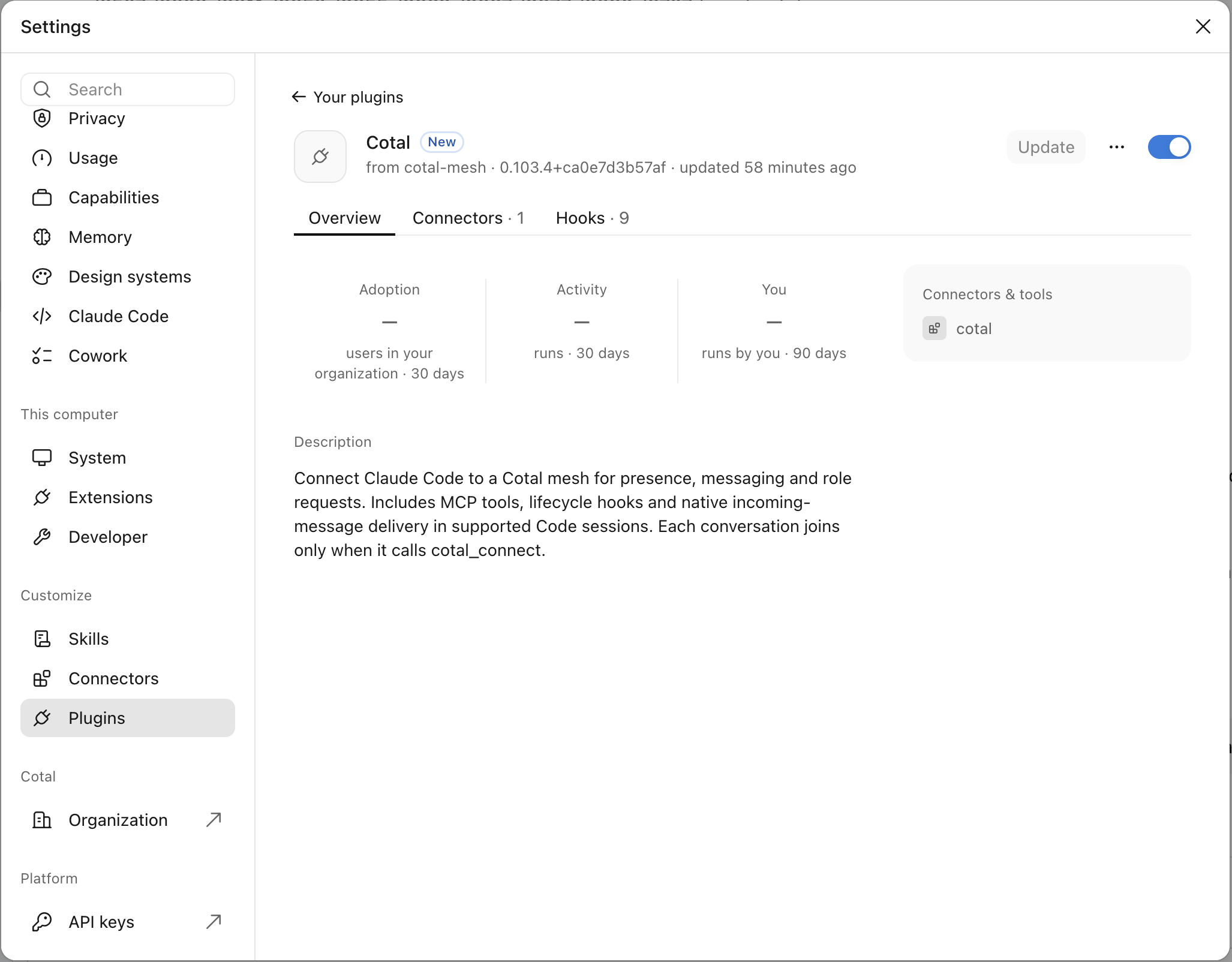 Cotal enabled in Claude’s Plugins settings, showing its connector and nine hooks