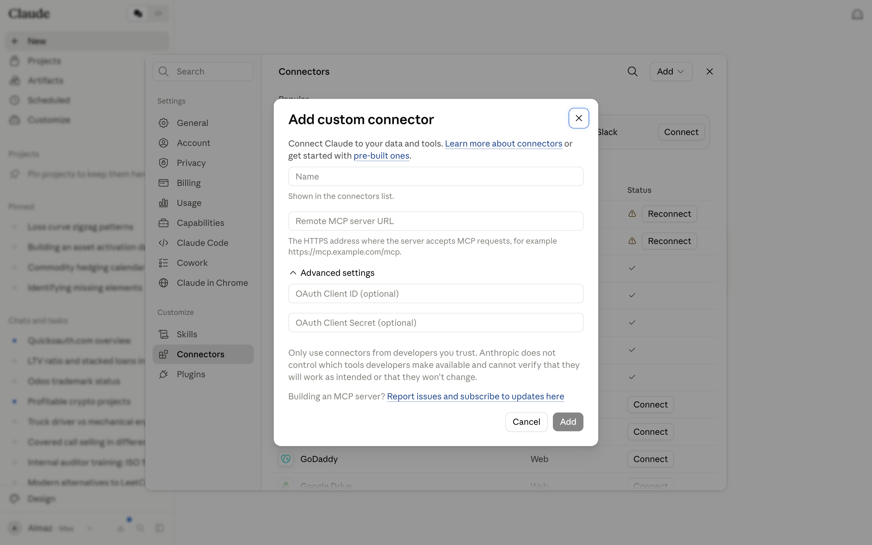 The empty Add custom connector form in Claude